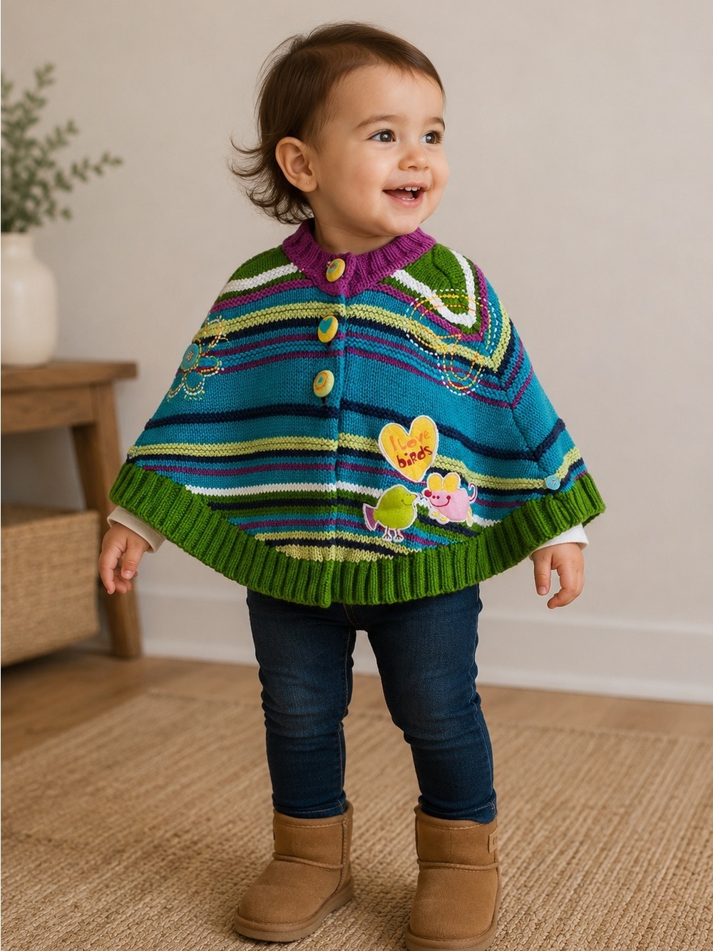 Girls' Striped Knit Poncho Jacket in Teal & Green size 12/24 month